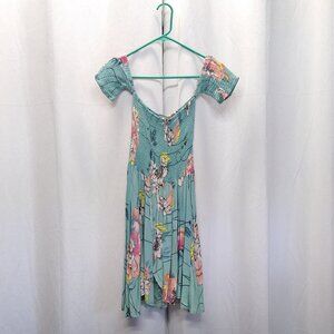 Jaase Floral Off Shoulder Flowing Dress Shirred Boho Teal Medium VGC
